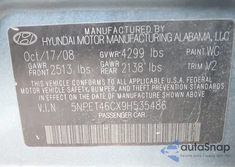 2009 Hyundai Sonata Gls из США, поврежденный, VIN 5NPET46CX9H535486